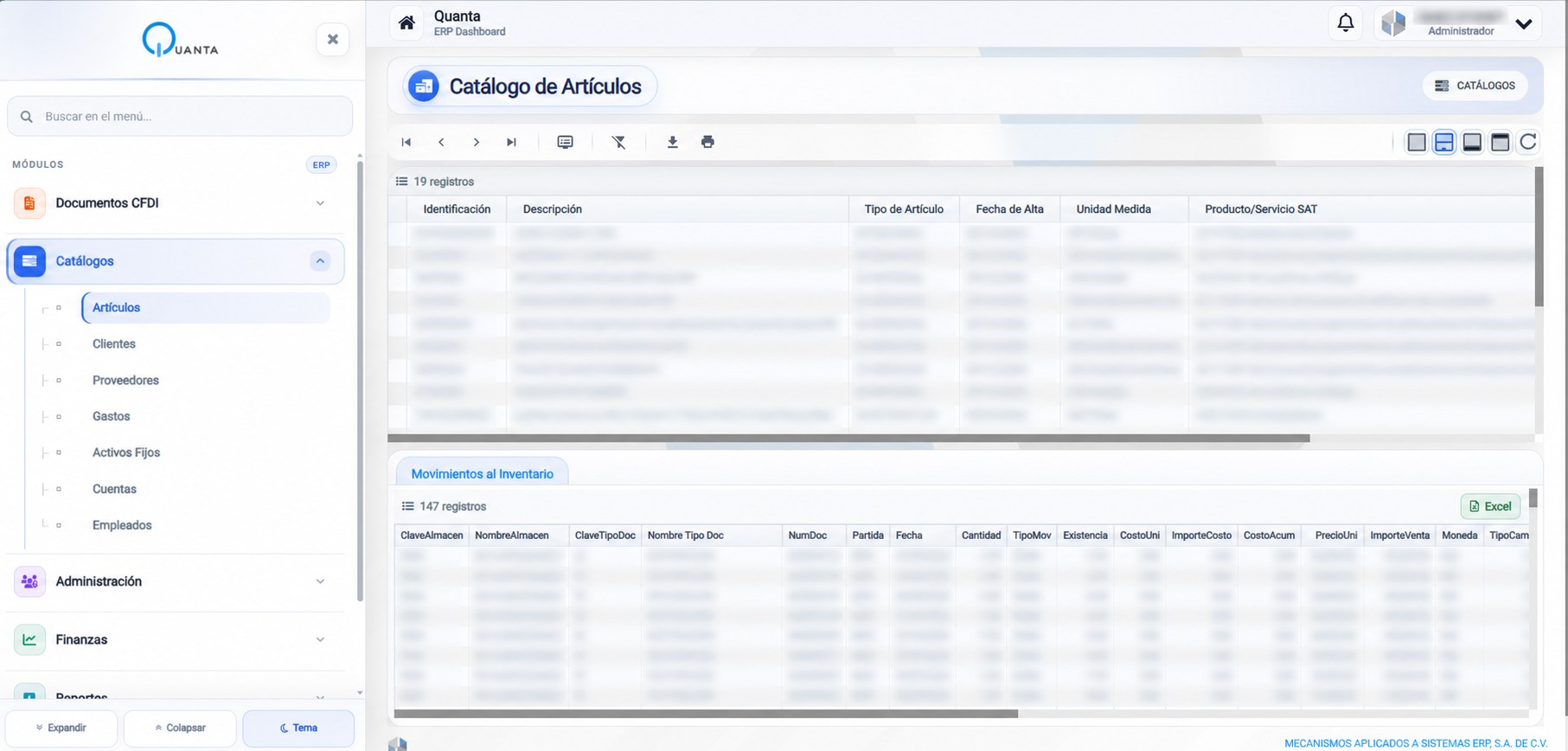 Pantalla real de Quanta ERP con catálogos, movimientos y consultas de información operativa