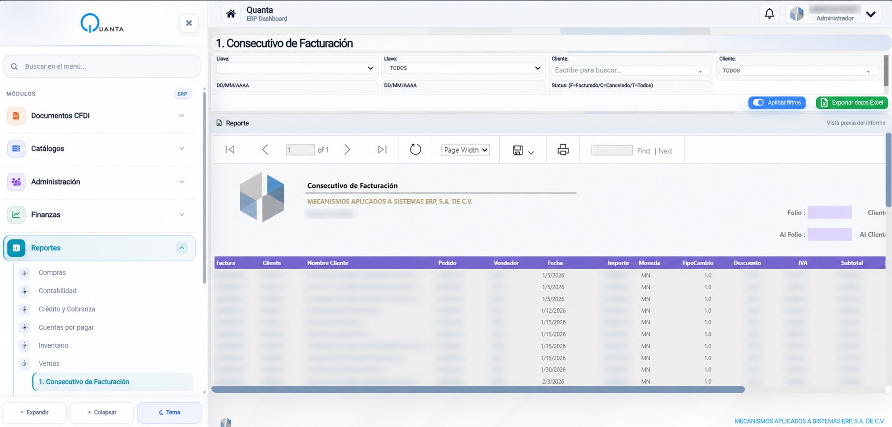 Visor real de reportes de Quanta ERP con filtros, vista previa y opciones de exportación